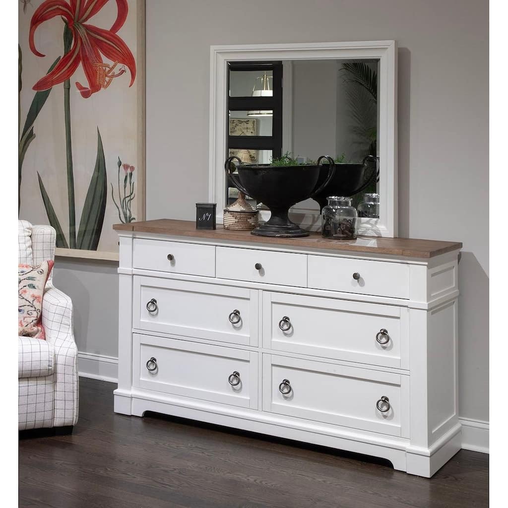 Magnussen Home Kingston Whisper White And Cerused Nutmeg Drawer Dresser With Landscape Mirror