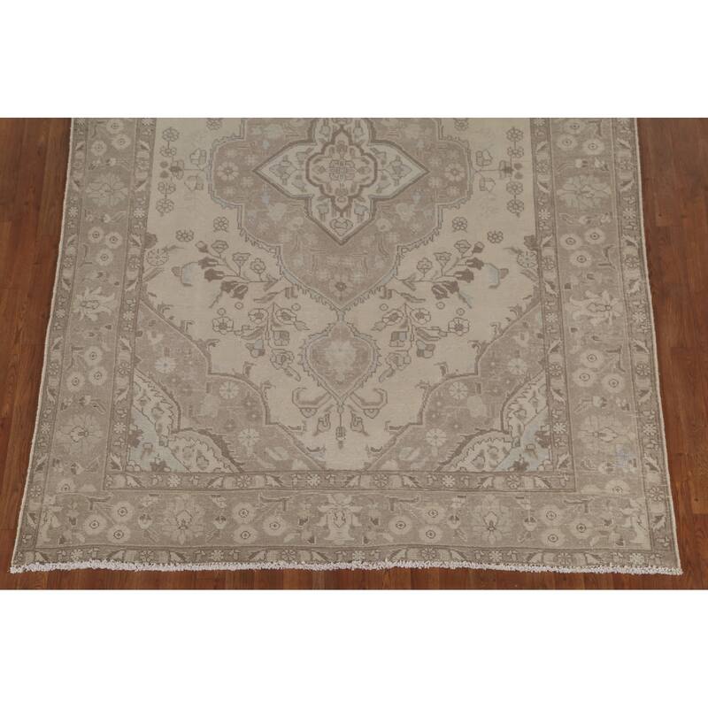 Distressed Beige Tabriz Persian Vintage Rug Hand-Knotted Wool Carpet - 6'4"x 9'3"
