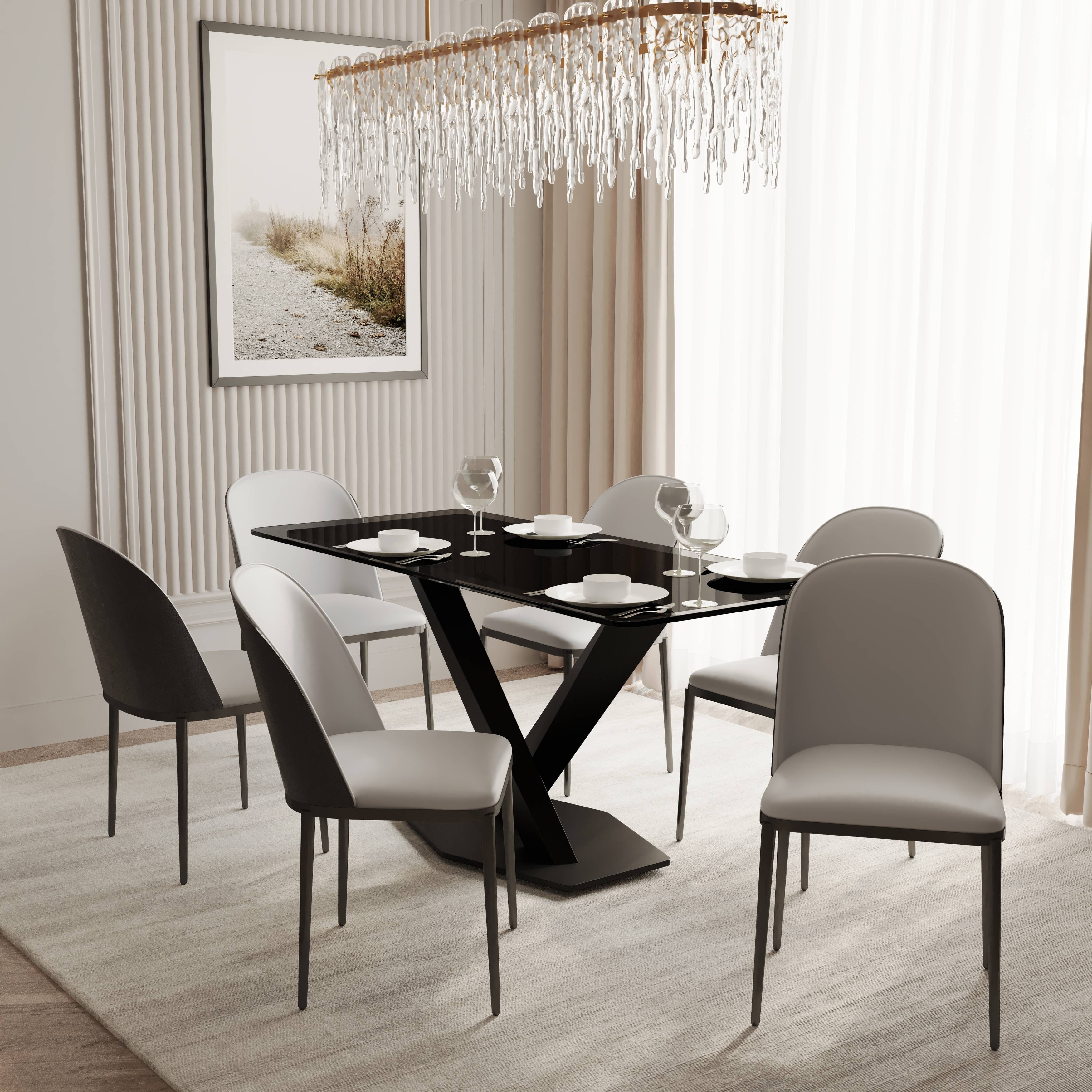 Voren Modern 7-Piece Dining Set - Rectangular Sintered Stone Dining Table and 6 Fabric Upholstered Chairs, Stainless Steel