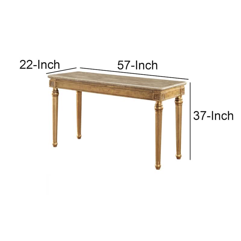 Marble Top Sofa Table With Fluted Detail Wooden Turned Legs, Gold