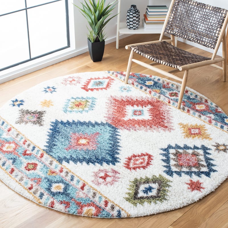 SAFAVIEH Calista Shag Juna Abstract 1-inch Thick Rug - 6'7" Round - Ivory/Blue