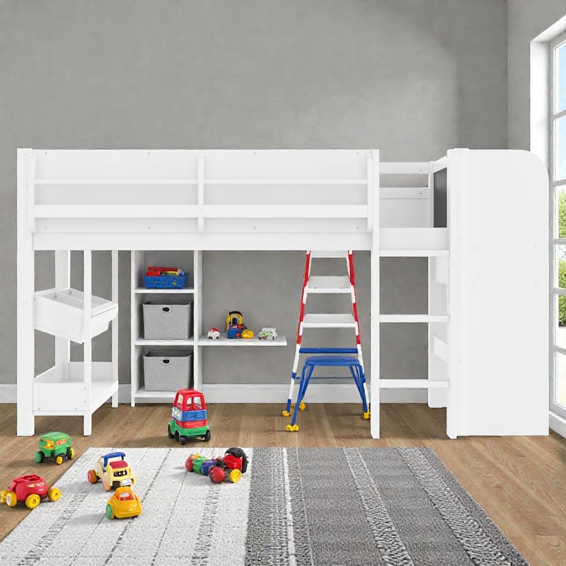 Low Loft Bed with Desk, Storage Bookcases, Drawers & Boxes, Solid Wood Kids Loft Bed with Blackboard Shelf