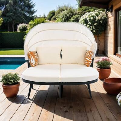 Elegant 74.8" L Outdoor Rattan Patio Daybed with Retractable Canopy, Throw Pillows and Cushions For Backyard, Poolside, Beige