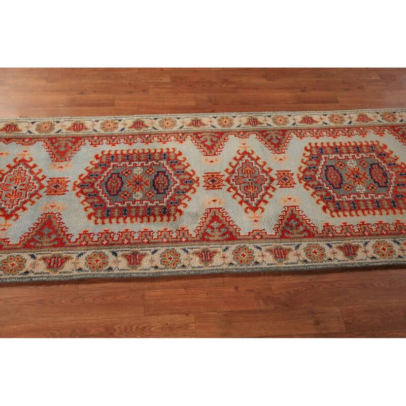 Geometric Viss Indian Runner Rug Hand-Knotted Beige Wool Carpet - 2'6"x 7'11"