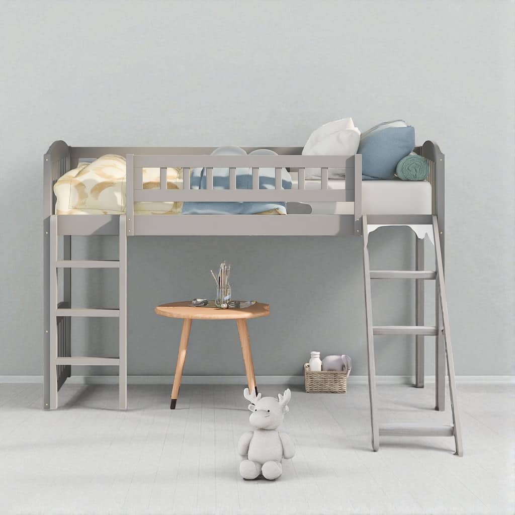 Twin Size Loft Bed with Slide and Ladder, Solid Wood Frame with Guardrails for Kids or Teens