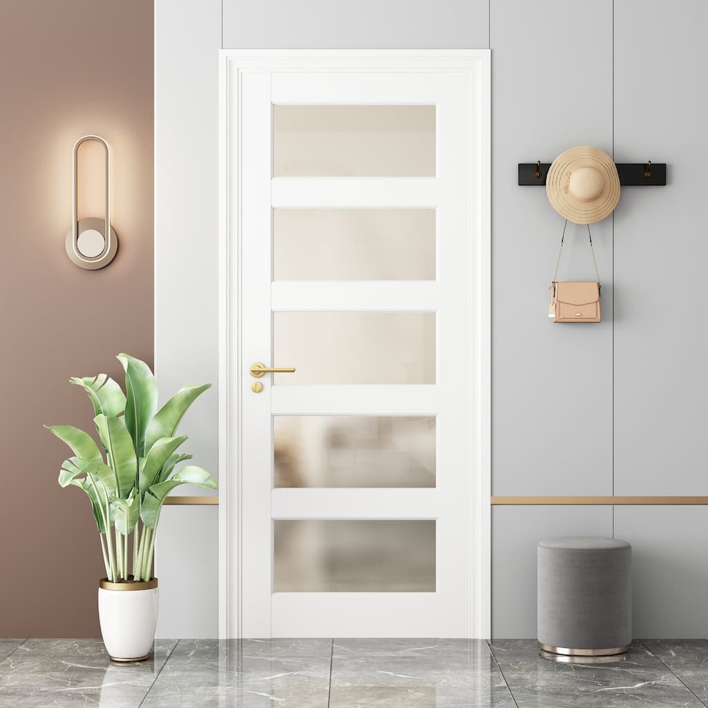 80"H 5 Lite White Primed Frosted Tempered Glass French Interior Slab Door Panel Pantry Door