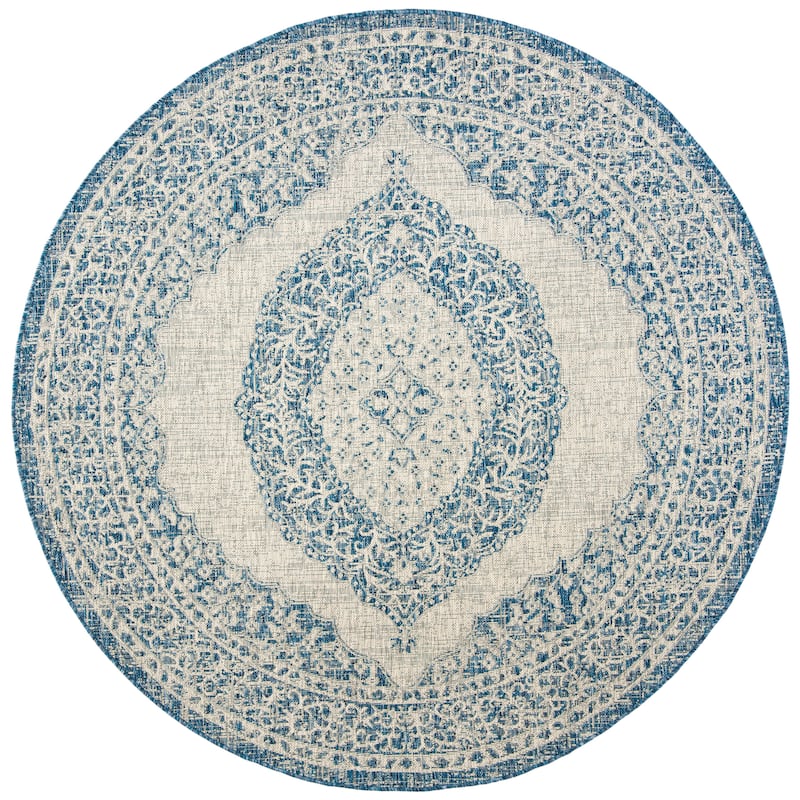 SAFAVIEH Courtyard Thoma Medallion Indoor/ Outdoor Waterproof Patio Backyard Rug - 4' Round - Light Grey/Blue