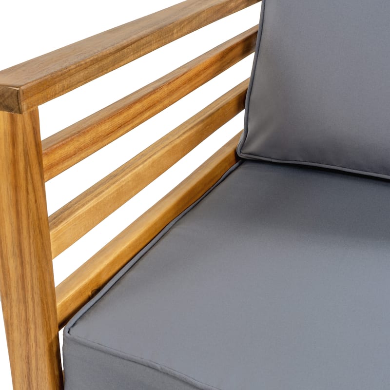 Everly 4-Piece Mid-Century Modern Acacia Wood Outdoor Patio Set with Cushions and Plaid Decorative Pillows, by JONATHAN Y