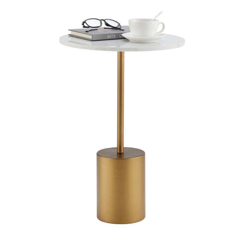 Danya B. Fritz Midcentury Modern Pedestal Side Accent Table with Gold Metal Base and Genuine White Marble Stone Tabletop
