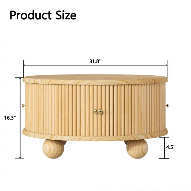 Round Coffee Table with Storage, 31.8" Modern Coffee Table with Sliding Door & Solid Wood Legs, Minimalist Center Table