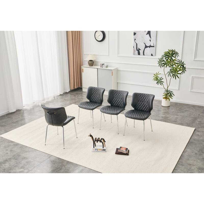 Set of 4, Oil Waxed Leather Dining Chairs with Diamond-Tufted Back - Black