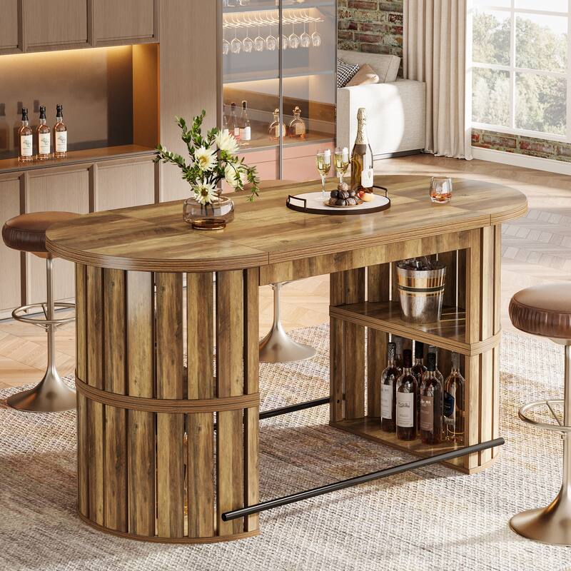 63" Industrial Bar Table Oval Home Bar Unit with Storage and Footrest