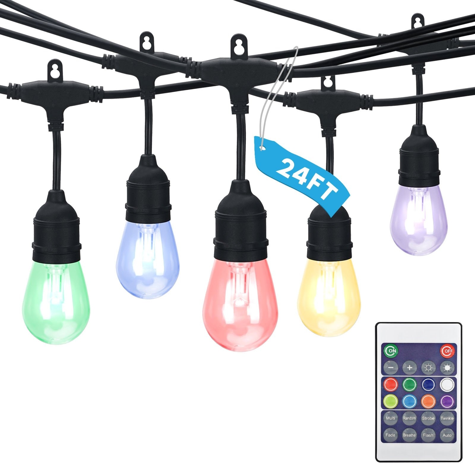 Luxrite 24ft LED RGBW Outdoor String Lights Remote Control Commercial Grade 12 Edison S14 Shatterproof Bulbs IP65 24 ft