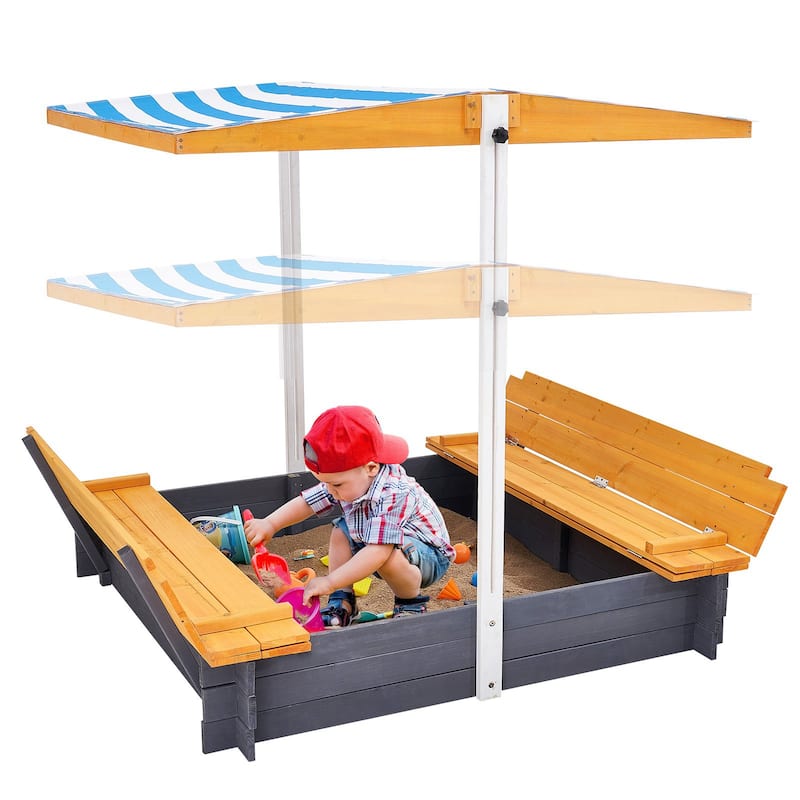Square Wooden Sandbox with Canopy with Foldable Bench Seats and Bottom Liner - 57.3” x 47.2” x 47.2”