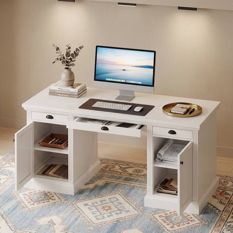 Merax Executive Desk with Hidden Charging Hub and Solid Wood Storage