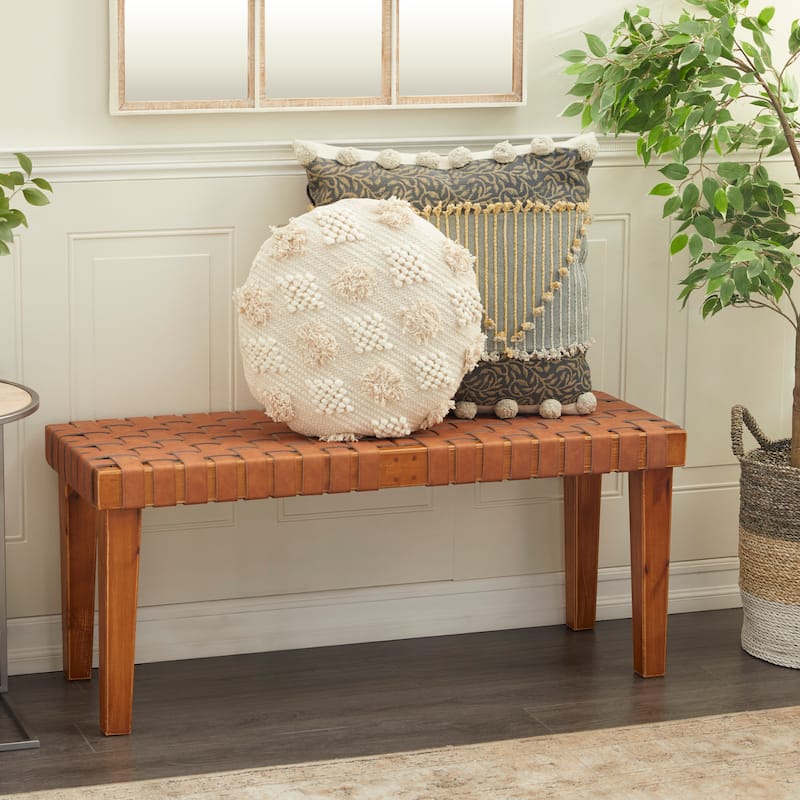 Brown Wood Woven Bench - Brown
