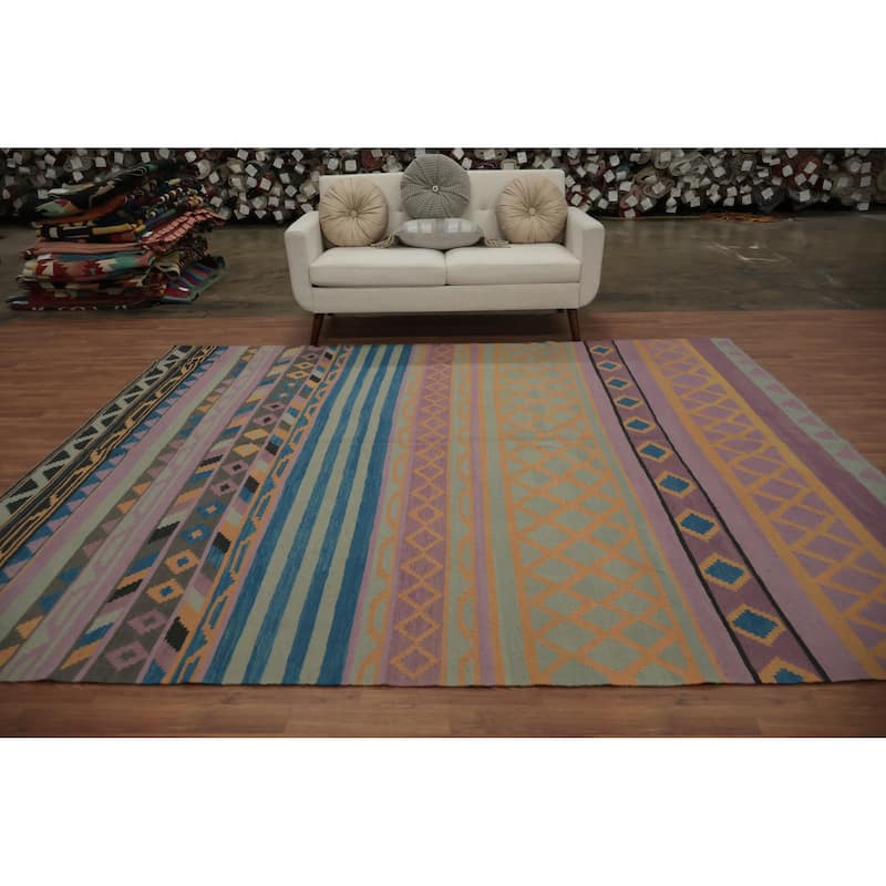 Hand Woven Oriental 100% Wool Carpet Southwestern Modern Purples Kilim Area Rug - 10' 0'' X 8' 5''