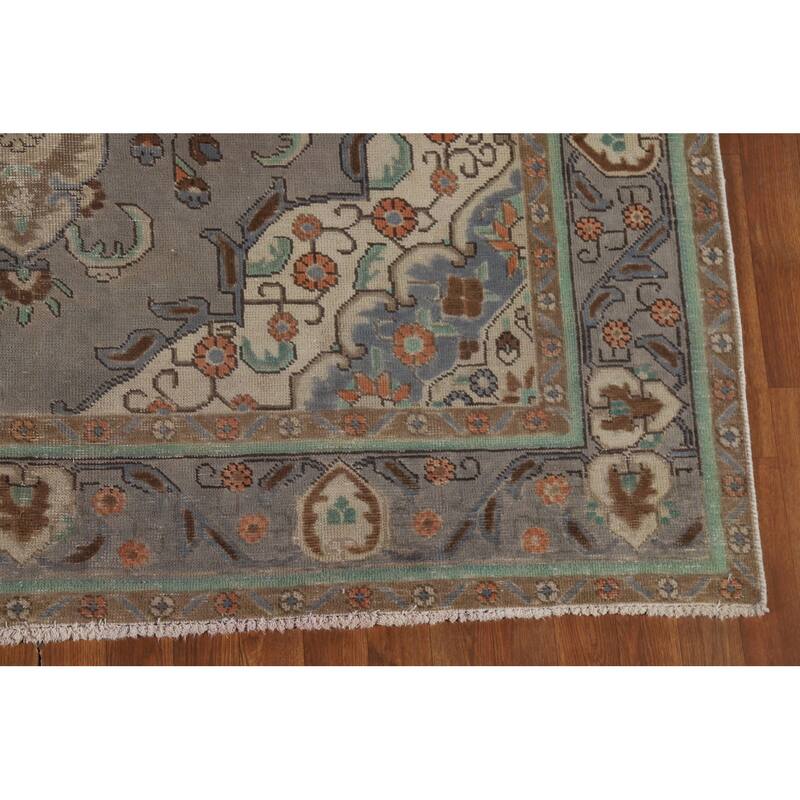 Distressed Grey Tabriz Vintage Persian Rug Hand-Knotted Wool Carpet - 6'7" x 9'4"