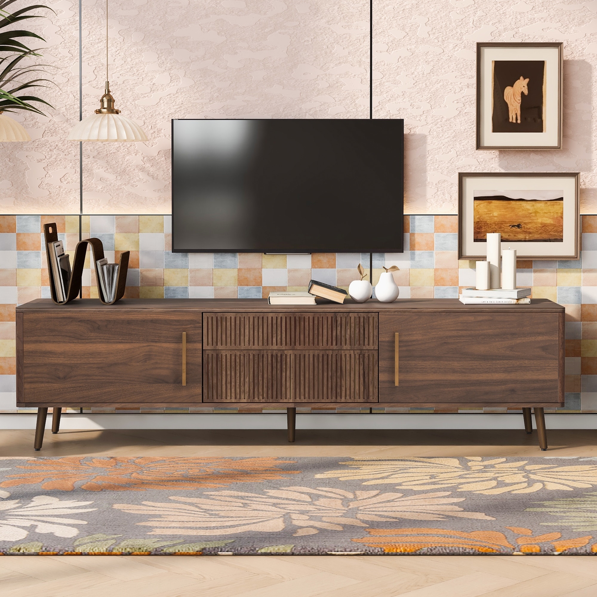 Mid Century TV Stand Media Console, for TVs up to 80" with 2 Drawers & 2 Storage Cabinets, for Living Room, Bedroom