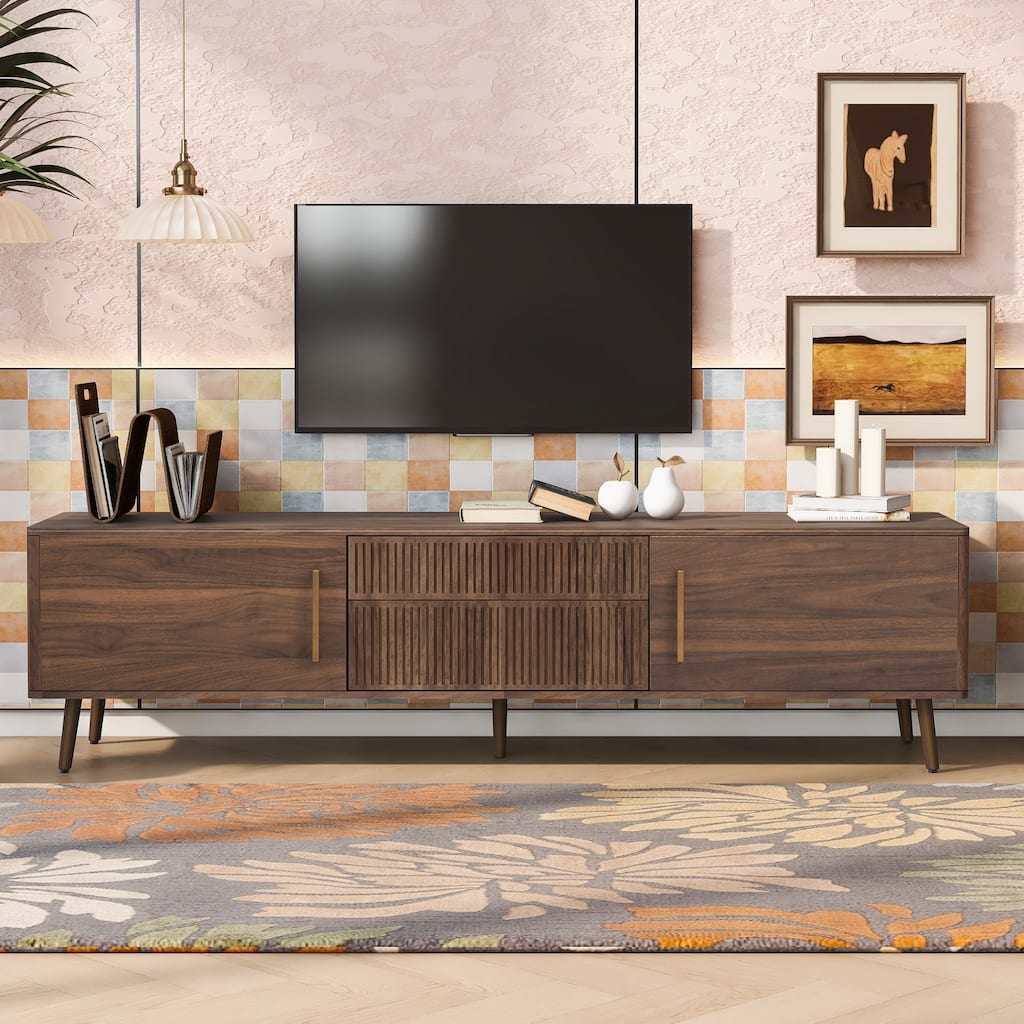 Retro Storage TV Stand with 2 Drawers, Floor Media Console Table with 2 Doors Entertainment Center for TVs up to 80"