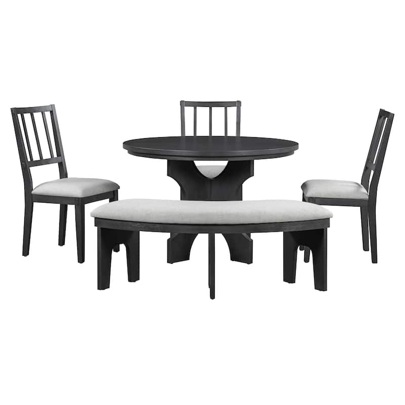 5-piece Rustic Charm Round Dining Set with 3 Upholstered Chairs and Curved Bench for Dining Room