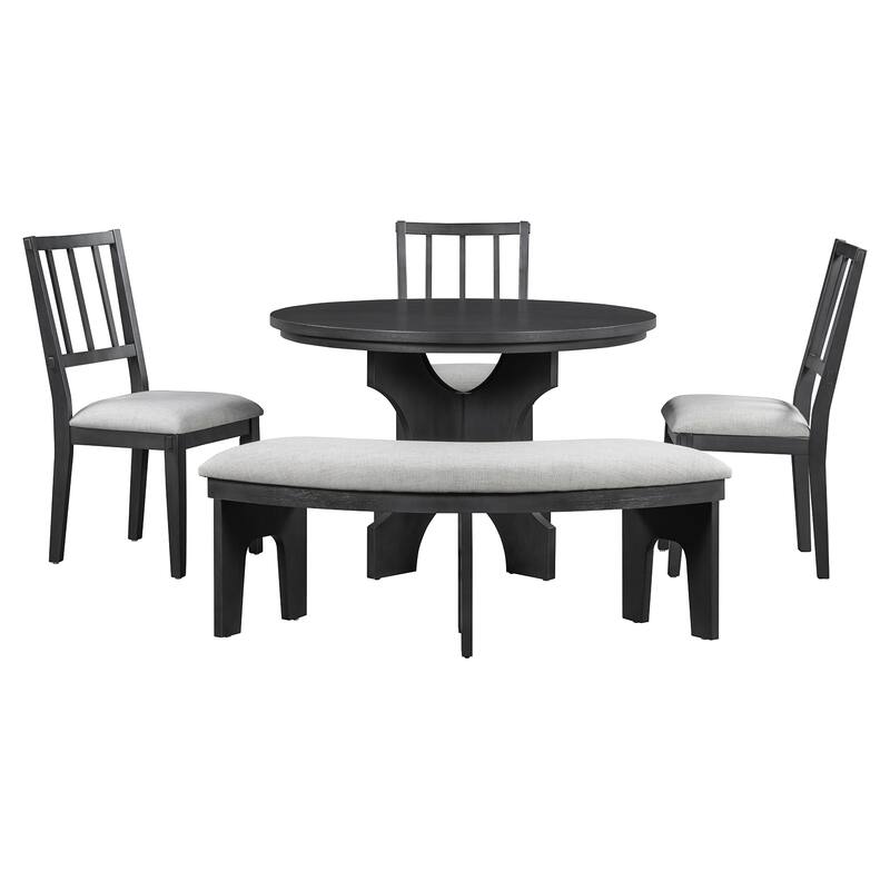 Rustic Grey Dining Table Set with Padded Bench, Round Dining Set with Slat-Back Chairs and Arched Bench - Beige Grey