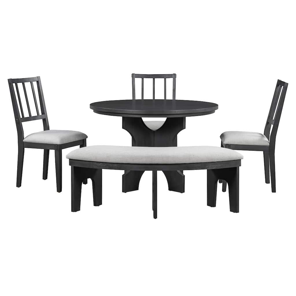 Rustic Grey Dining Table Set with Padded Bench, Round Dining Set with Slat-Back Chairs and Arched Bench