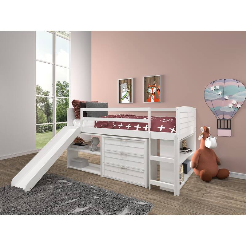 Twin Louver Low Loft in White with Slide, 3 Drawer Chest, 2 Drawer Chest with Shelves or Bookcase - 3 Drawer Chest and Two Bookcases - Antique White