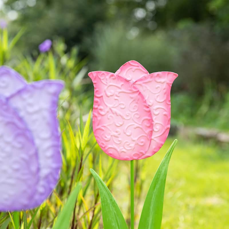 Glitzhome 24"H Easter Metal Tulips Yard Stakes Garden Decor(Set of 3) - 24"