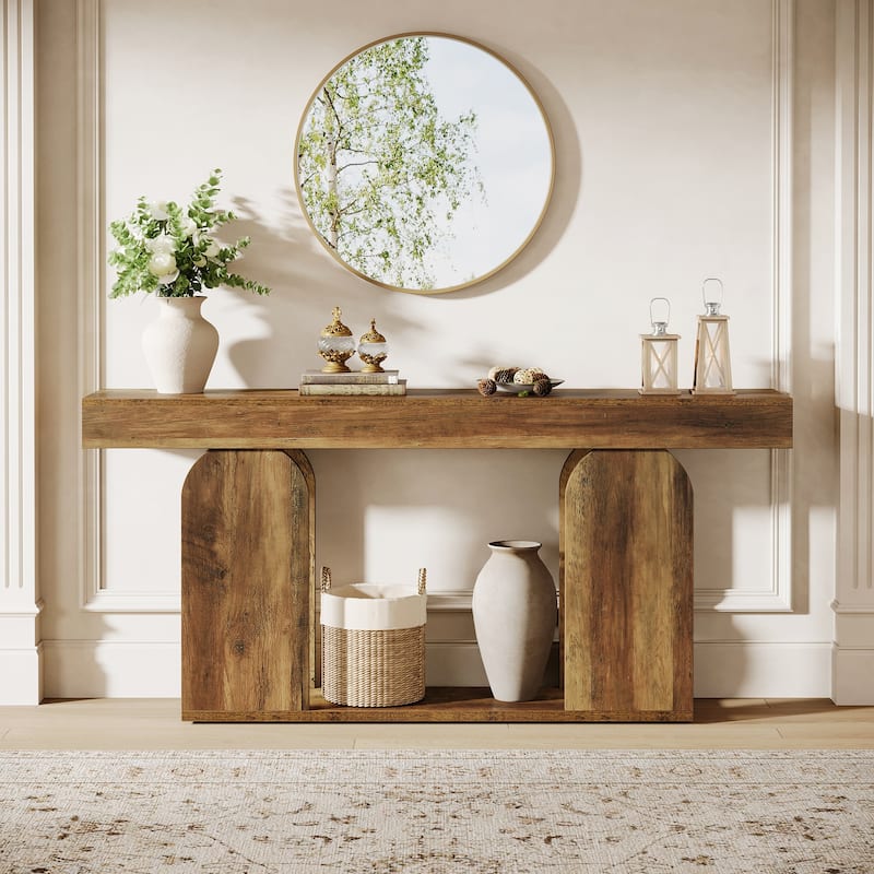 Industrial Wood Entryway Console Table with Dual Storage Shelves