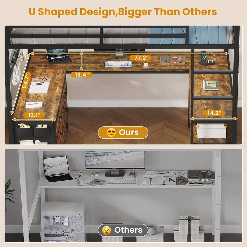 Loft Bed with Full Size U-Shaped Desk 6 Drawers Power Outlet 2 Storage Shelves