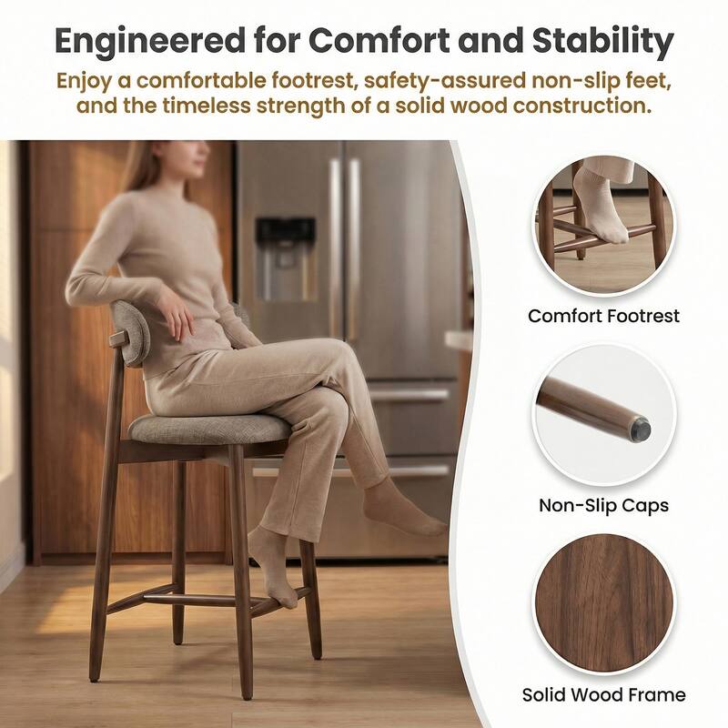 Mid-Century Modern Upholstered Bar Stools Counter Height Wooden Bar Chairs with Backrest Footrest