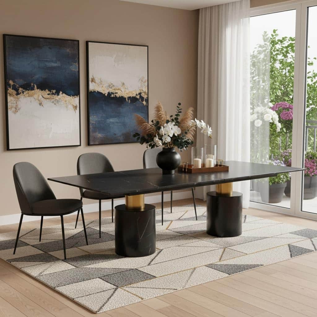 HomeRoots 180" Black and Gold Marble and Steel Double Pedestal Base Dining Table - 180.00 in. x 30.00 in. x 48.00 in.