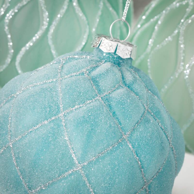 4"H Sullivans Christmas Patterned Aqua Ball Ornament Set of 3, Blue