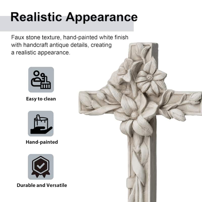 Glitzhome 21"H MGO Holy Christian Cross with Lily Garden Statue for Outdoor Indoor Christ Decor Sculpture