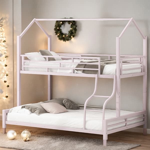 slide 2 of 36, Contemporary Design Twin over Full Metal House Bunk Bed, Safety and Convenience, Stability and Durability, Space-saving, Pink