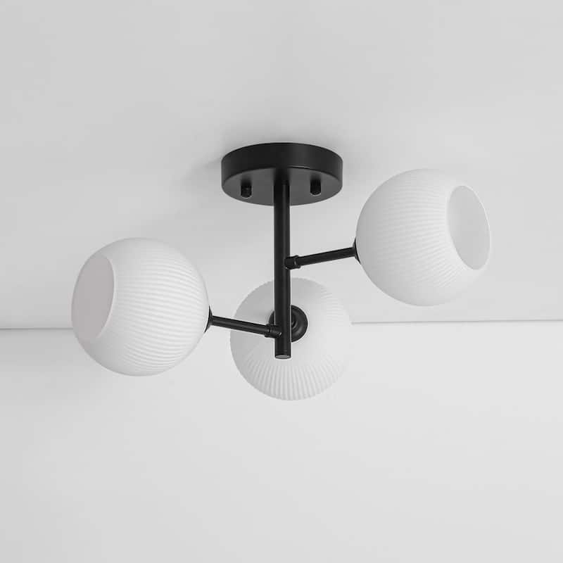 Modern 3-Light Ribbed Opal Glass Globe Sputnik Semi Flush Light