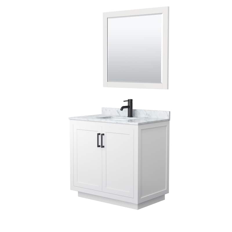 Miranda Single Vanity Set, White Carrara Marble Top, 34-Inch Mirror