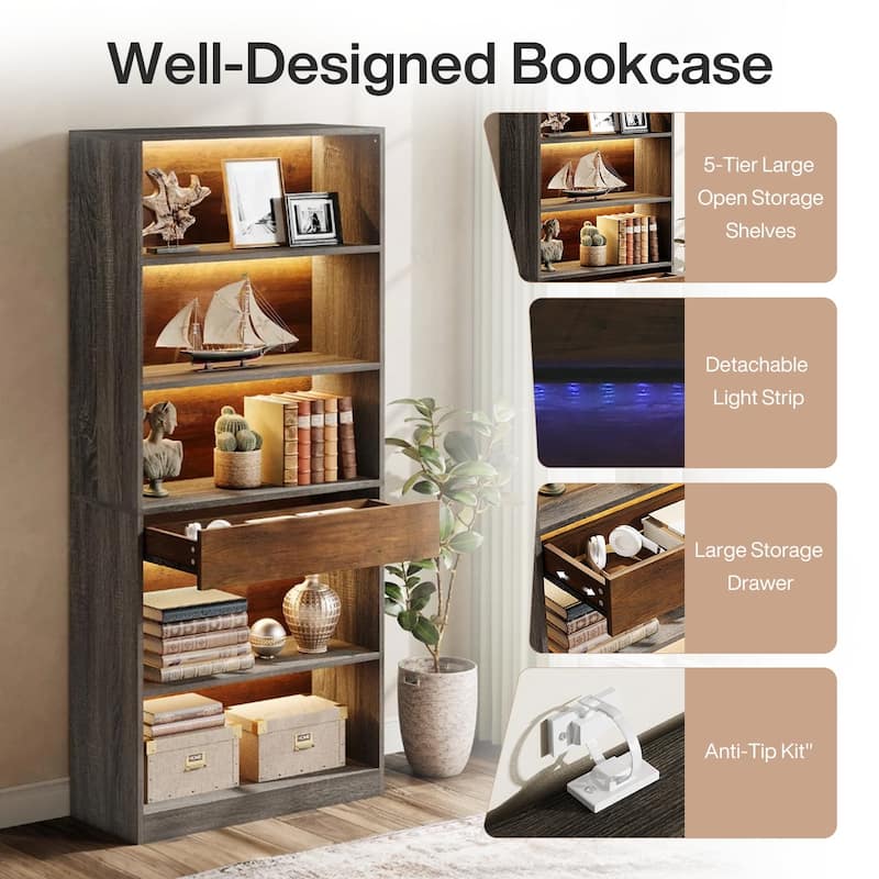 5-Tier Bookcase with LED Lights