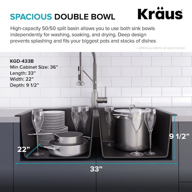 KRAUS Granite 33 inch 2-Bowl Undermount Drop-in Kitchen Sink