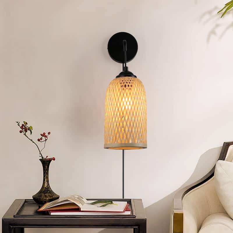 Modern Wicker Plug in Bamboo Wall Light Fixture with Switch - Basket Rattan Lampshade Chandelier Wall Lamp forLiving Room