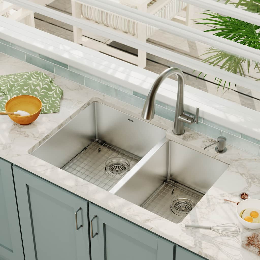 Karran Elite Undermount Stainless Steel 33 in. 16-Gauge Double Bowl 60/40 Kitchen Sink Kit