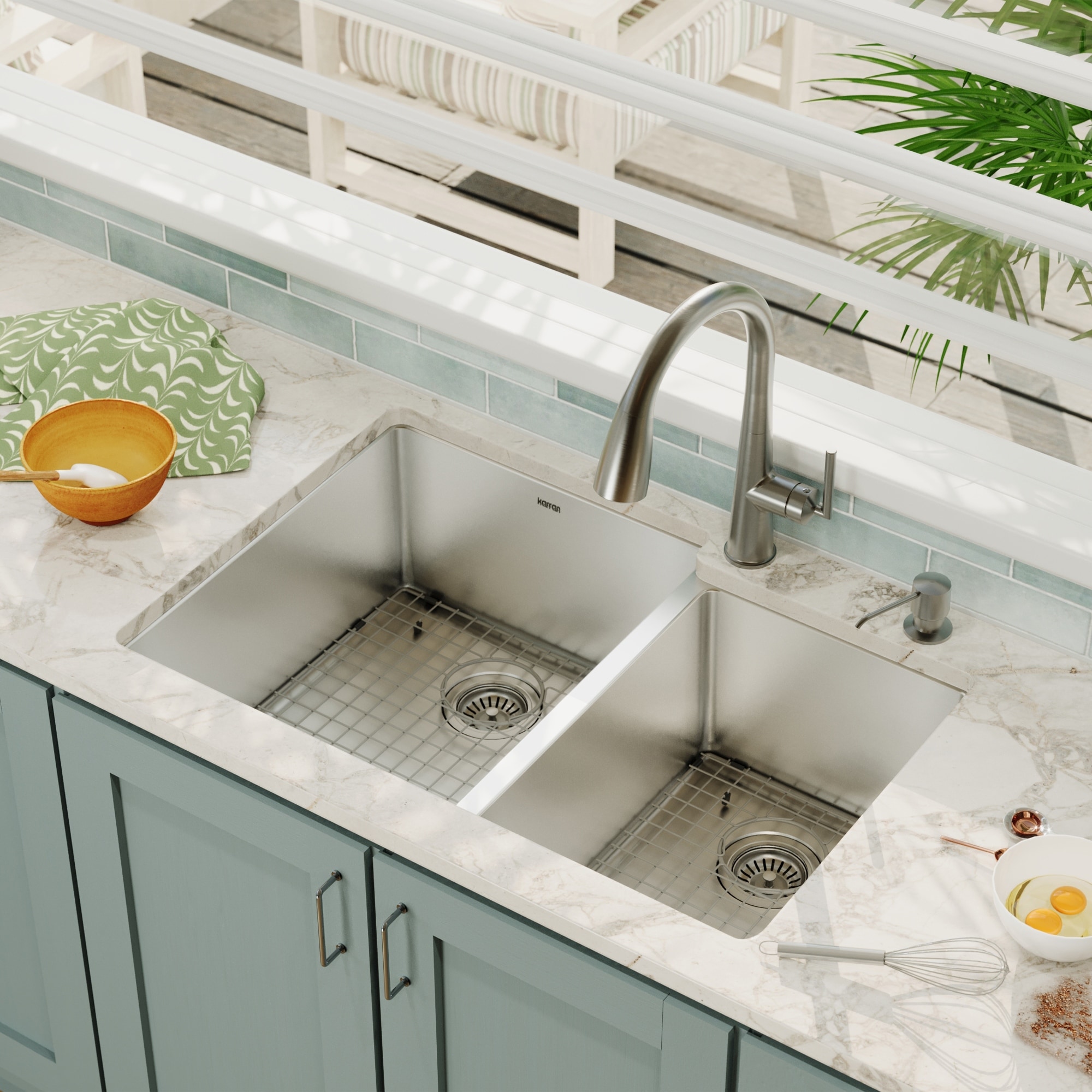 Karran Elite Undermount Stainless Steel 33 in. 16-Gauge Double Bowl 60/40 Kitchen Sink Kit - Silver