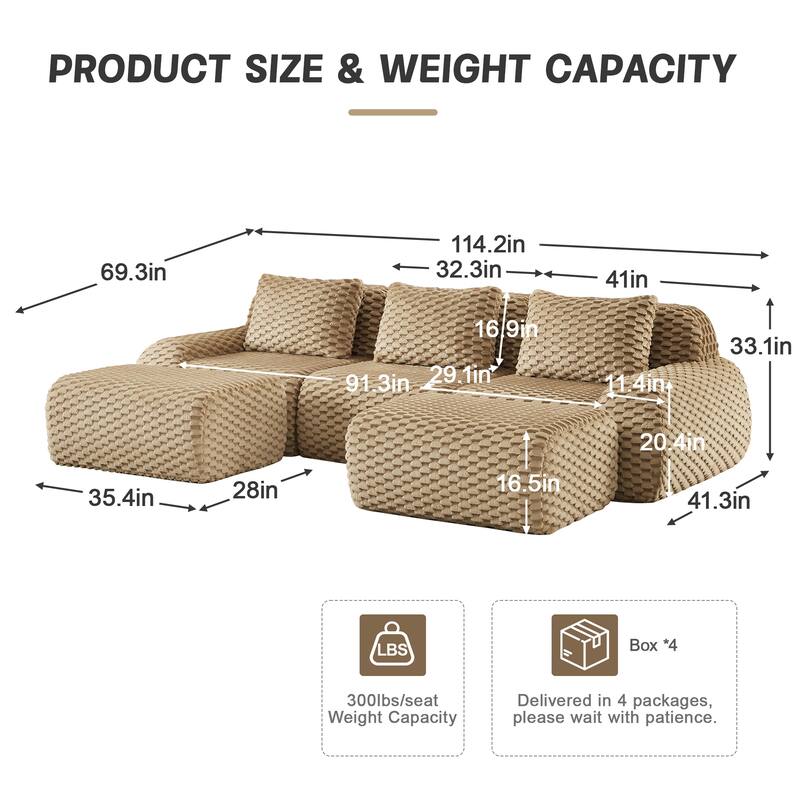 114" Modern Modular Sectional Sofa for Living Room,Boneless Sofa,Deep Seat,Buckle Connection,Anti-slip Design,2 Movable Ottoman