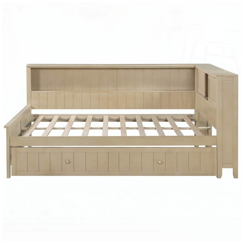 Full Size Wood Daybed with Storage Shelves and Trundle,