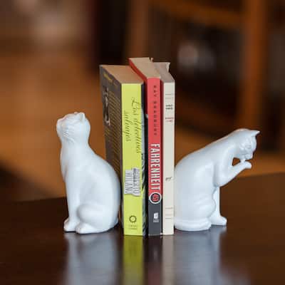 White Cat Bookend Set