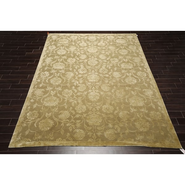 Hand Knotted Botanical Tone On Tone,Olive Green Tibetan Wool and Silk