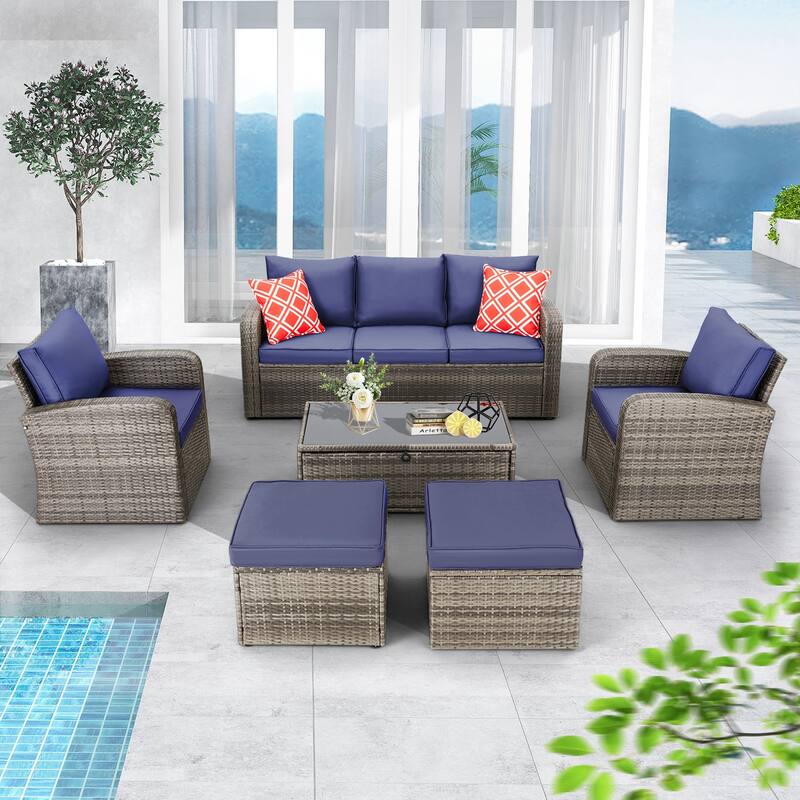 EROMMY 6/7 Piece Modular Outdoor Rattan Sofa Set, All-Weather Wicker Patio Furniture with Storage Table, Cushions & Pillows - Arm Single Chair - Navy