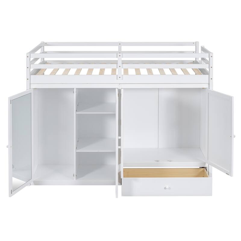 Twin size Loft Bed with Drawer, Two Wardrobes and Mirror