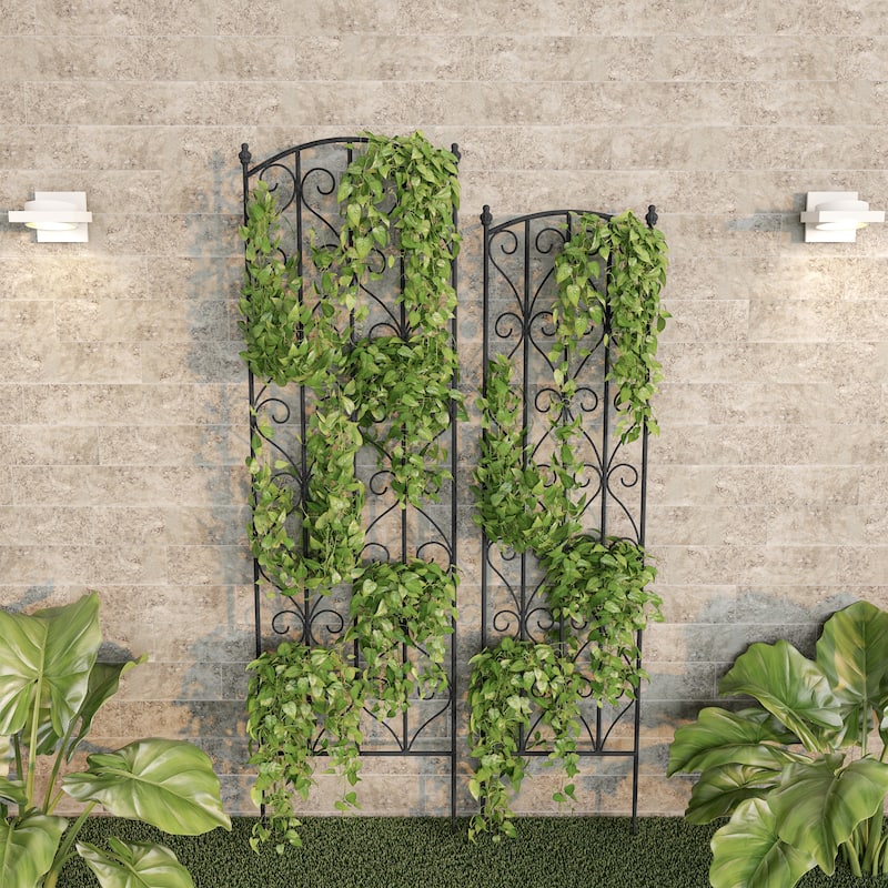 Set of 2 Garden Trellises - Decorative Scroll Metal Panels with 7.75-Inch Stakes by Pure Garden